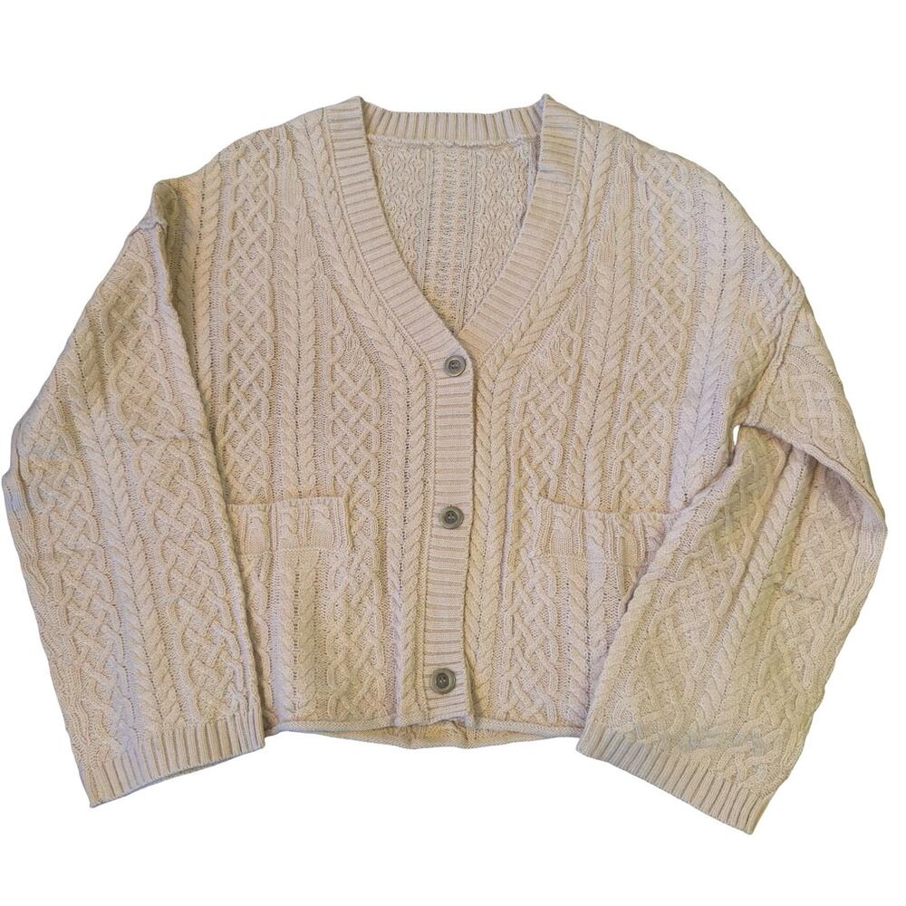 Creamy Apricot Cable Knit Cardigan Sweater Womens Medium Chunky Cottagecore Boho